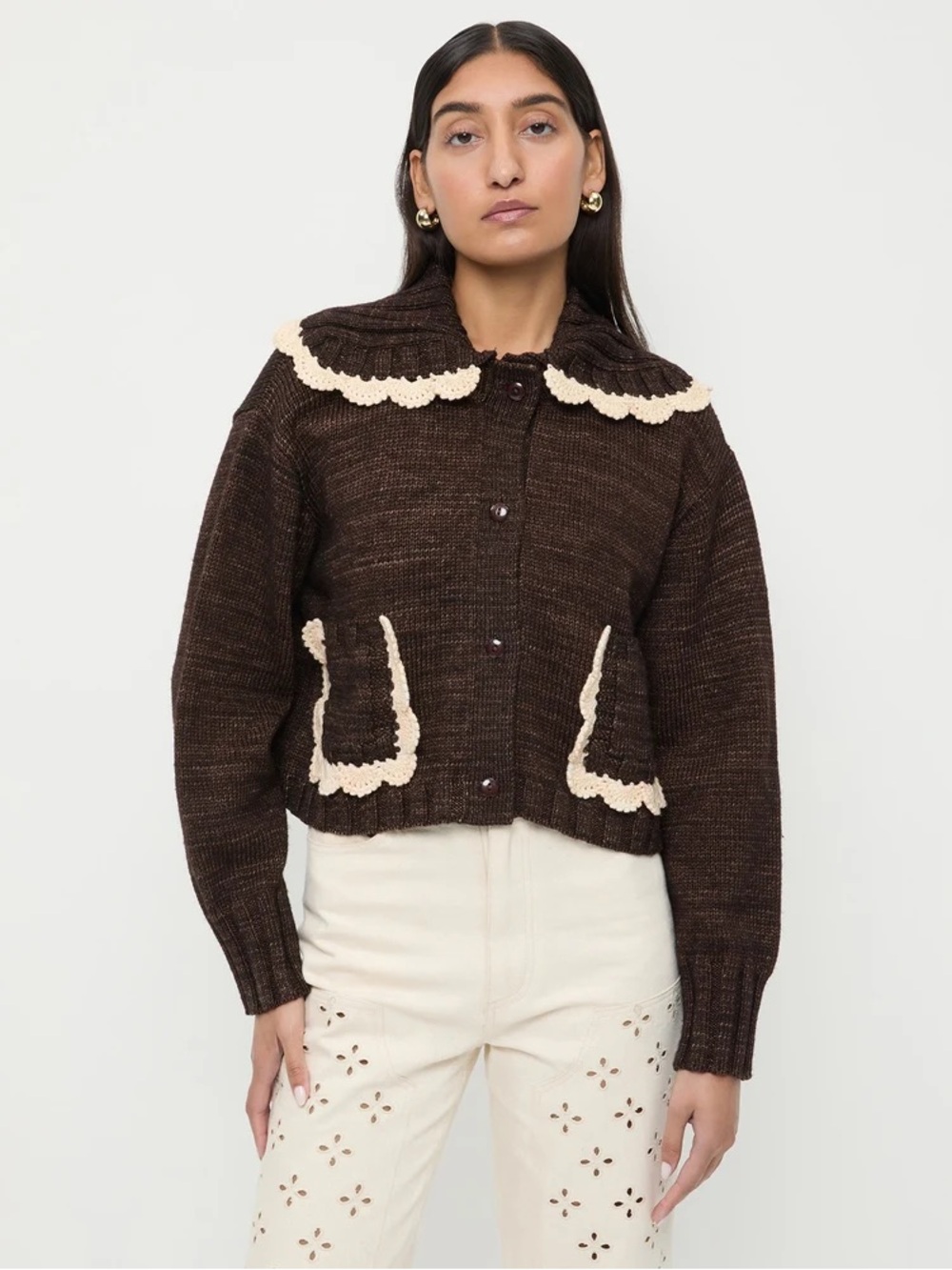 Loeffler Randall Knit Wool Lo Cardigan In Chocolate Removable Collar Size XL